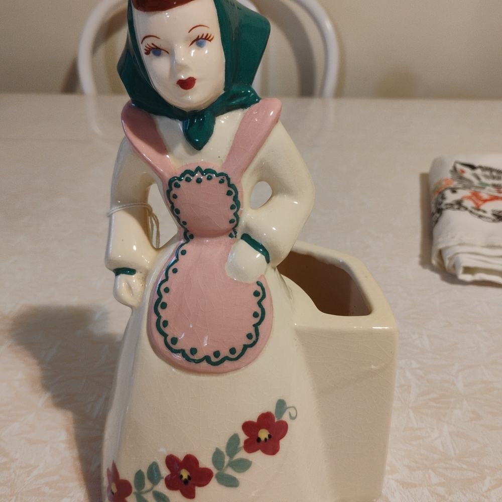 Vintage California Pottery Ceramic Lady Planter with Pink and Green Accents